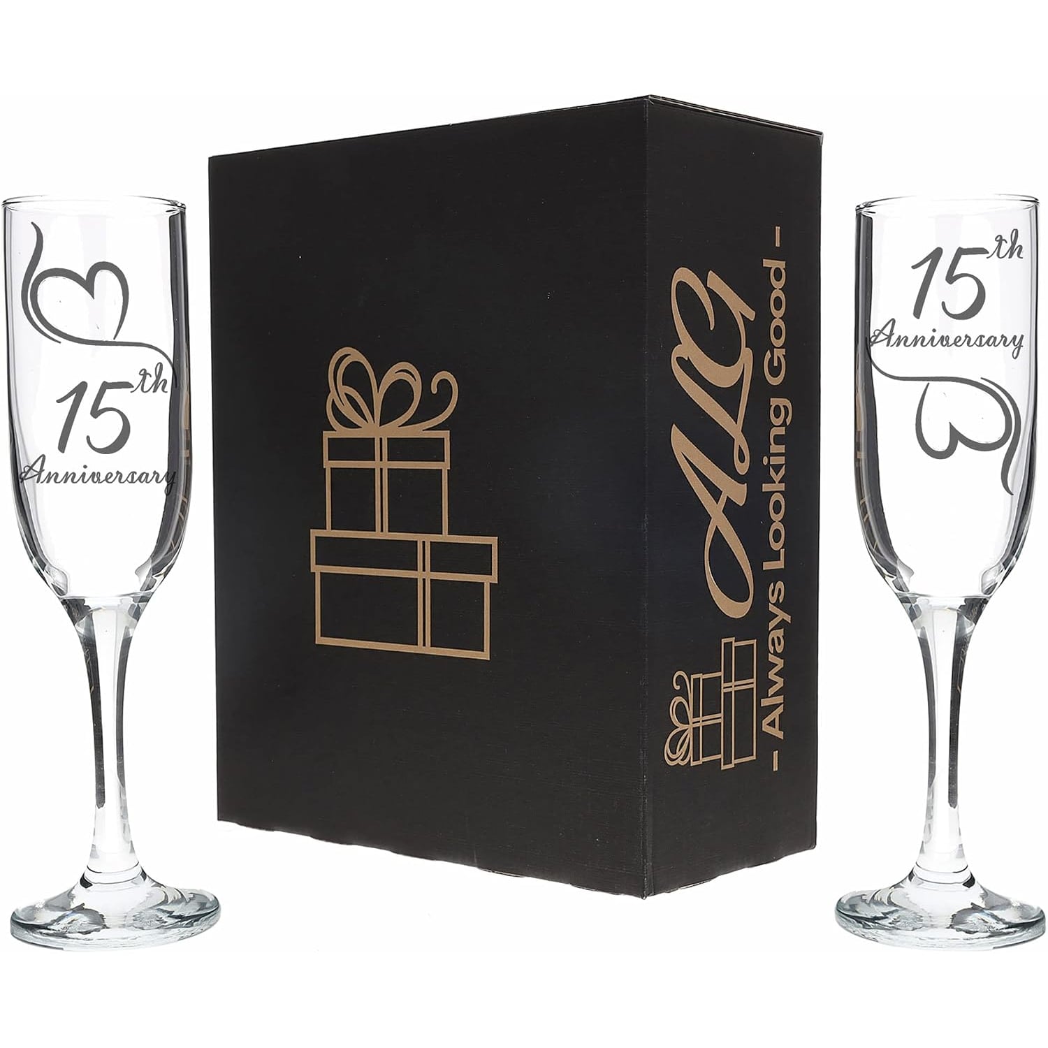 15th Anniversary Engraved Champagne Flutes, Set of 2, detail view